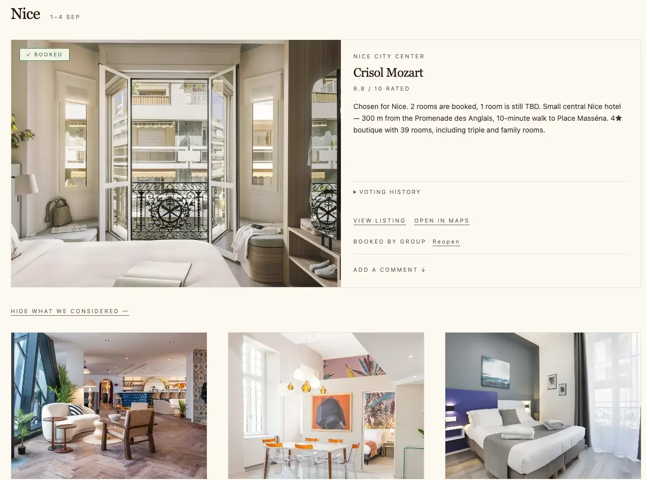 Nice on the Girls Europe Trip site: the booked hotel, Crisol Mozart, and below it the three hotels the group considered.